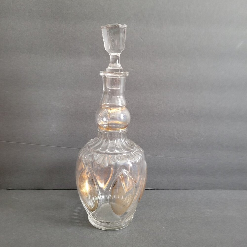 Vintage Clear Glass Decanter With Stopper Gold Accents